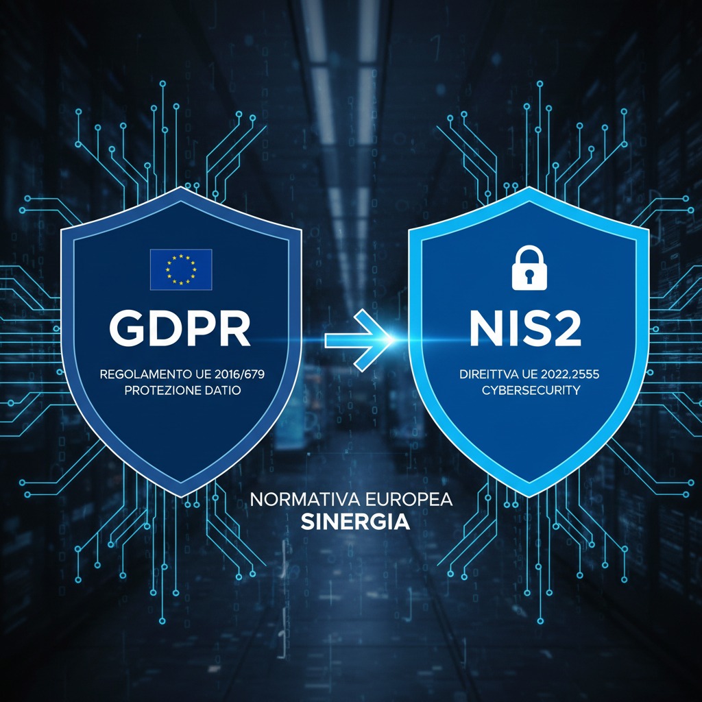 Due scudi blu con i loghi GDPR e NIS2 collegati da una freccia su uno sfondo digitale che rappresenta la sinergia tra le normative europee sulla protezione dei dati e la cybersicurezza.