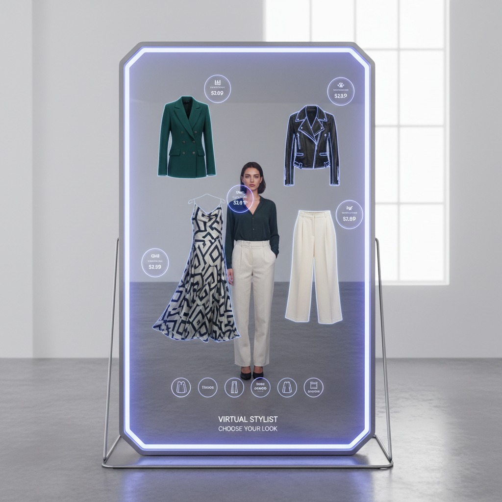 Una donna si specchia in uno schermo interattivo che mostra diverse opzioni di abbigliamento virtuale con i relativi prezzi.