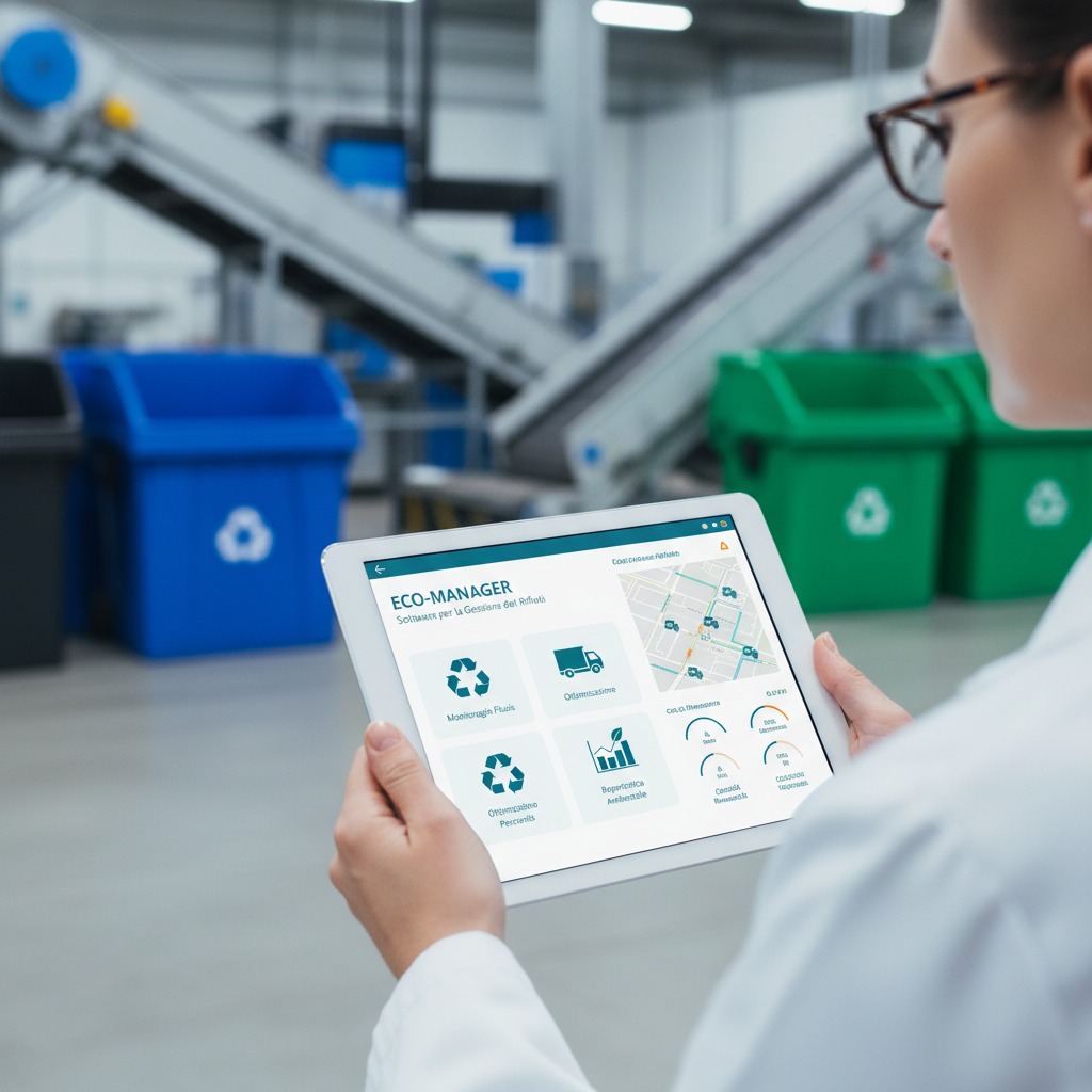 Una operatrice in camice bianco utilizza un tablet con l'applicazione Eco-Manager all'interno di un impianto di gestione dei rifiuti.