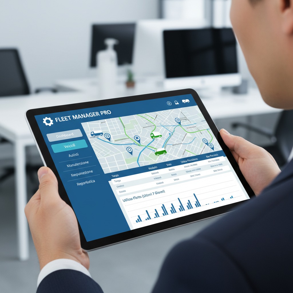 Una persona in giacca tiene in mano un tablet che mostra un software di gestione flotte con una mappa interattiva e grafici di utilizzo.