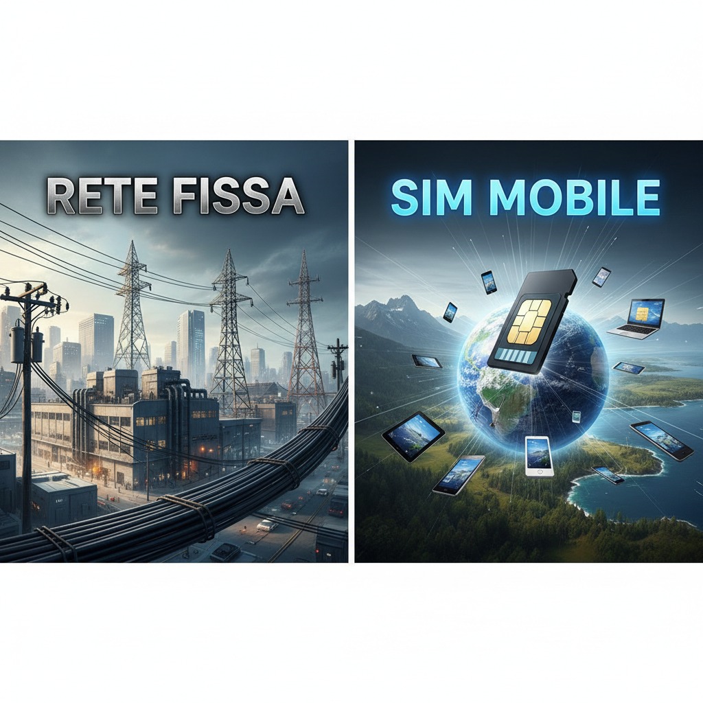 Confronto grafico tra una rete fissa rappresentata da cavi e tralicci elettrici e una rete mobile simboleggiata da una scheda SIM che connette dispositivi digitali in tutto il mondo.