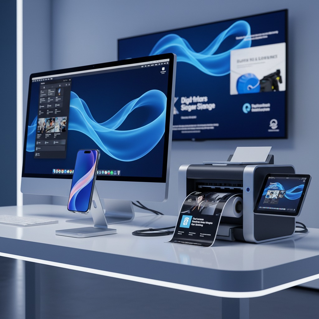 Postazione di lavoro moderna con computer desktop, smartphone, tablet e stampante di etichette su una scrivania bianca.
